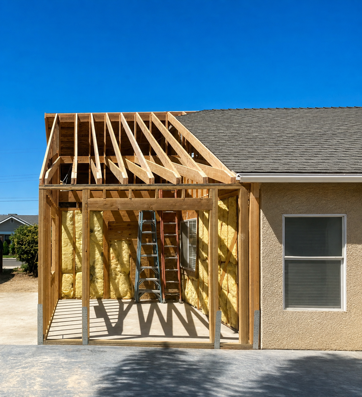 Home addition framing with insulation and roof structure
